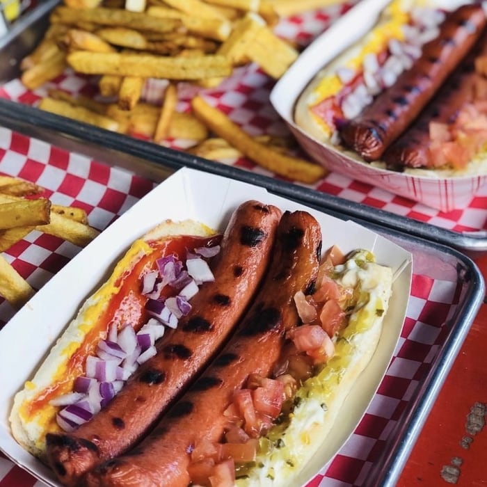 Two Beef Frankfurters Hot Dog / French Fries, Relish, Ketchup & Mustard